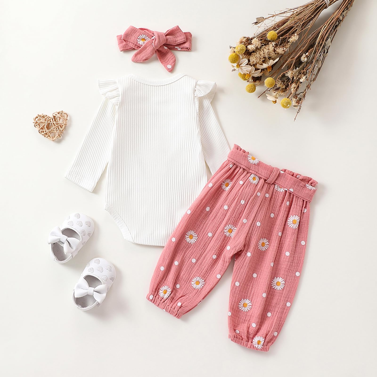 Bébé Fille Fleurs Pantalon Set Daisy Ensemble De Vêtements Bébé Manches Longues Ruffles Body Barboteuse+Pantalon Marguerite+Bandeau Bébé Fille Printemps Automne Tenue