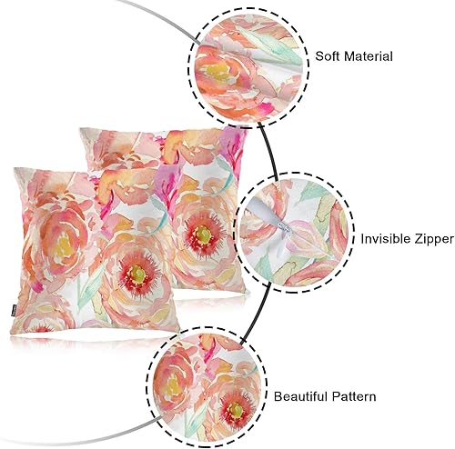 Miniatura 7 de Swono Juego de 2 fundas de almohada de peonía melocotón para hombres y mujeres, rosas en acuarela, peonías, flores, 18 x 18 pulgadas, funda de cojín