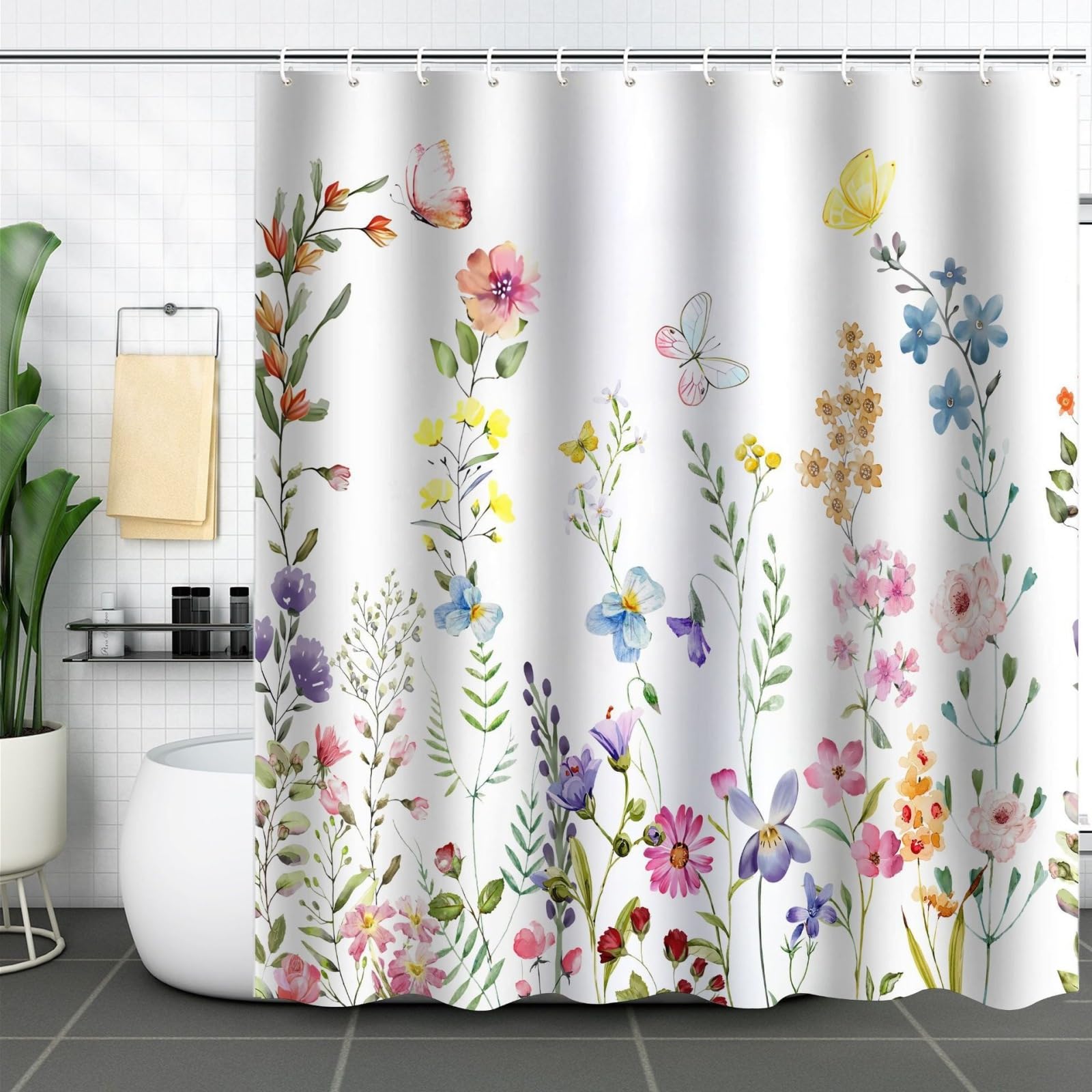 Shower Curtains Pink Purple Floral Wet Room Shower Curtain Mould Proof Resistant Waterproof Polyster Fabric Washable with 12 Hooks Garden Bathroom Curtains (180x220cm)