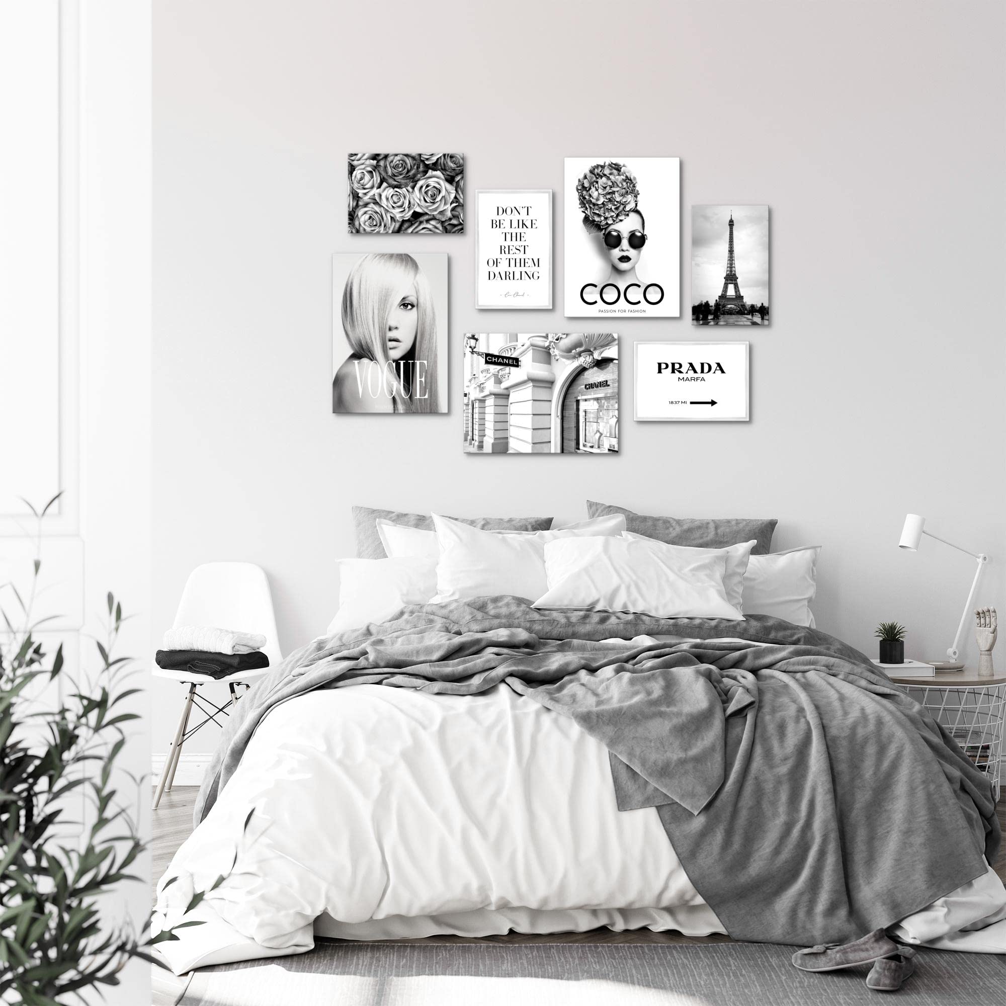 Novart Wandbilder Fashion Coco - KOMPLETT AUFHÄNGFERTIG - Schwarz Weiss Wohnzimmer Mädchen Teenager - 7 Moderne Mood-Bilder - N009071a