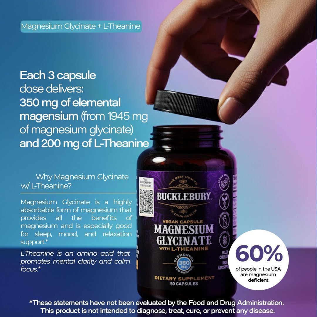 Bucklebury Magnesium Glycinate Capsules with L-Theanine 350mg - Advanced Formula for Stress Relief, Muscle & Bone Health Support - Magnesium Glycinate Supplements for Women & Men - Vegan 90 Count