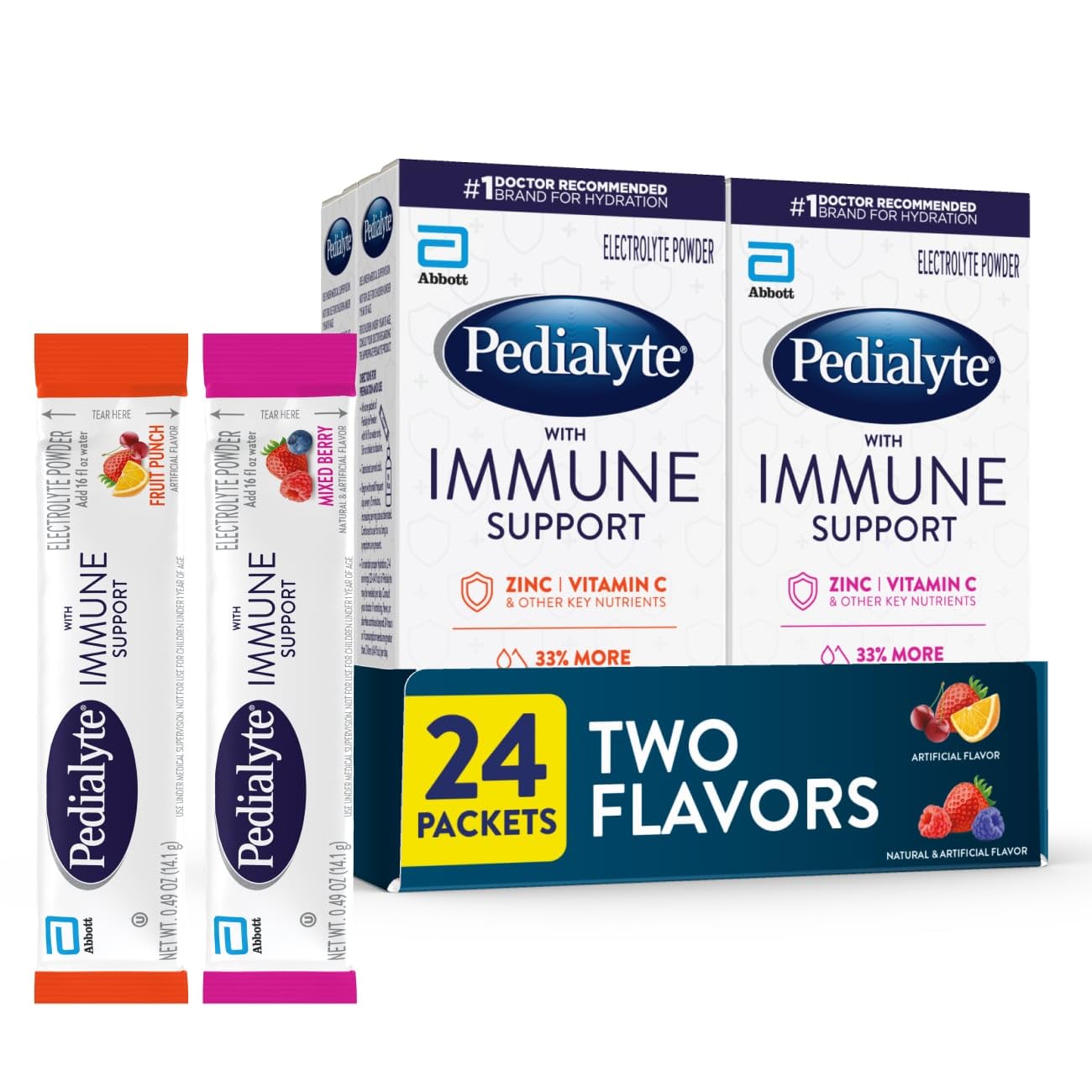 Pedialytewith Immune Support, Electrolyte Drink Powder with Vitamin C and Zinc, Advanced Hydration, Variety Pack: Fruit Punch and Mixed Berry, 24 Powder Packets