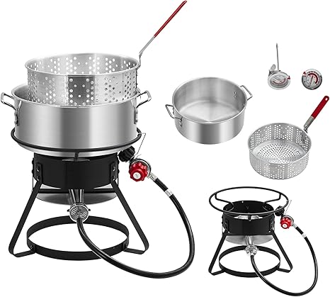 Outdoor Propane Deep Fryer with 58,000 BTU Cast Iron Burner, 11 QT Round Fish Fryer & 6.7 QT Basket, Heavy Duty Steel Rack for Backyard, Camping, Tailgating, Black