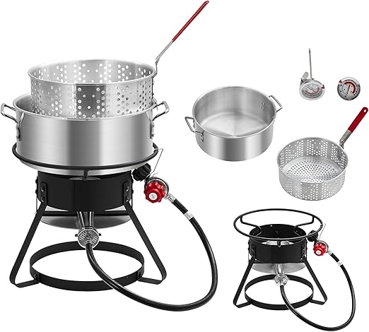 Outdoor Propane Deep Fryer with 58,000 BTU Cast Iron Burner, 11 QT Round Fish Fryer & 6.7 QT Basket, Heavy Duty Steel Rack for Backyard, Camping, Tailgating, Black