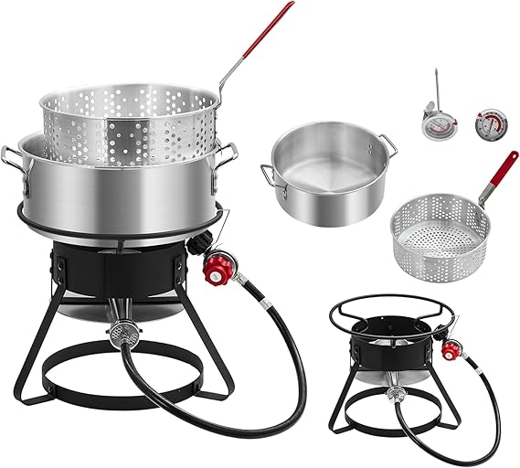 Outdoor Propane Deep Fryer with 58,000 BTU Cast Iron Burner, 11 QT Round Fish Fryer & 6.7 QT Basket, Heavy Duty Steel Rack for Backyard, Camping, Tailgating, Black