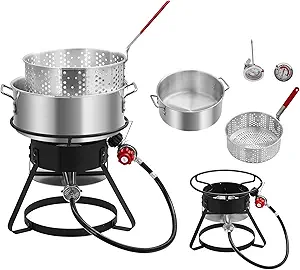 Outdoor Propane Deep Fryer with 58,000 BTU Cast Iron Burner, 11 QT Round Fish Fryer & 6.7 QT Basket, Heavy Duty Steel Rack for Backyard, Camping, Tailgating, Black