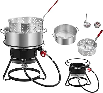 Outdoor Propane Deep Fryer with 58,000 BTU Cast Iron Burner, 11 QT Round Fish Fryer & 6.7 QT Basket, Heavy Duty Steel Rack for Backyard, Camping, Tailgating, Black