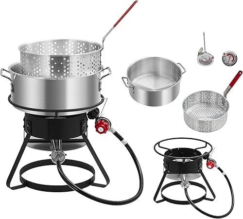Outdoor Propane Deep Fryer with 58,000 BTU Cast Iron Burner, 11 QT Round Fish Fryer & 6.7 QT Basket, Heavy Duty Steel Rack for Backyard, Camping, Tailgating, Black