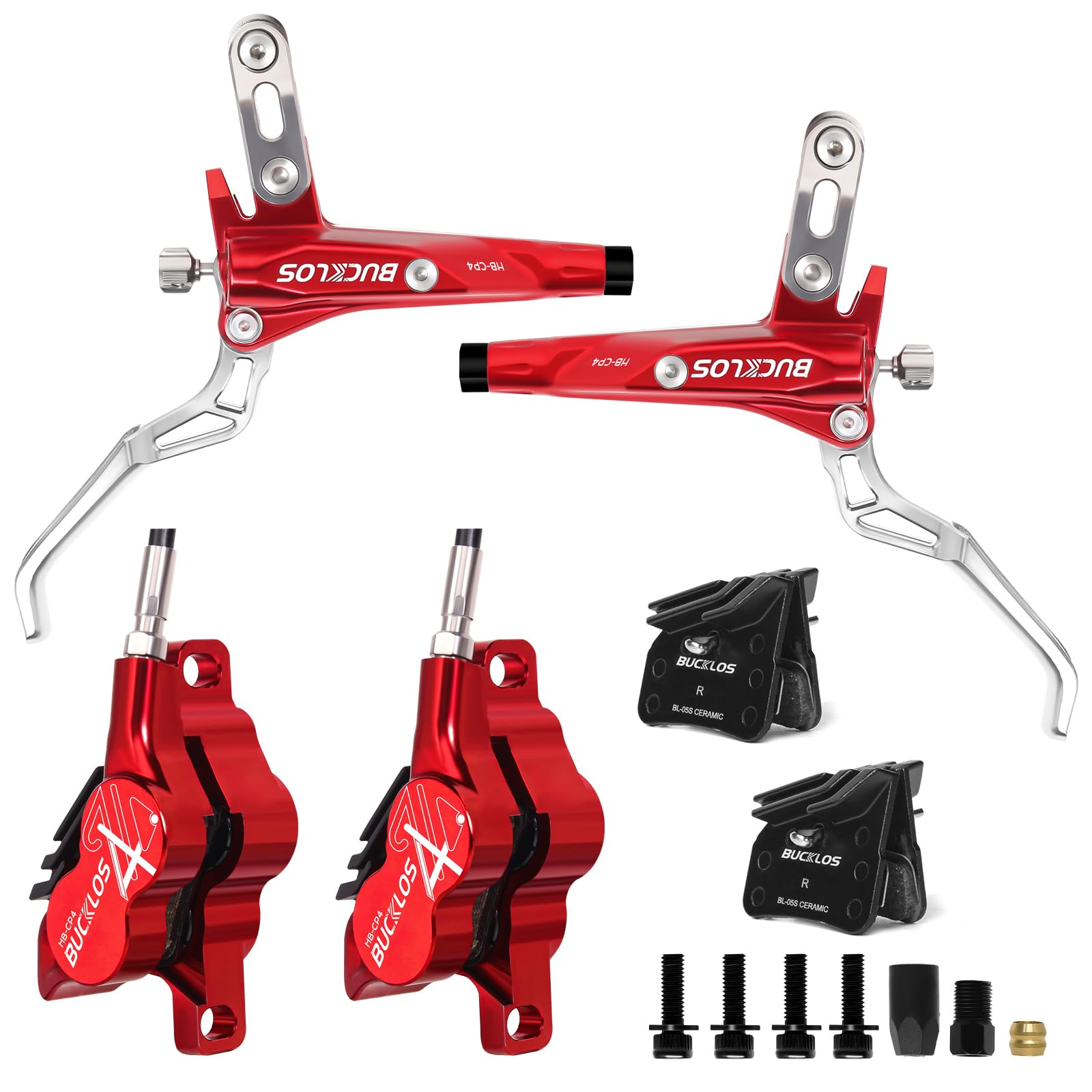 BUCKLOS MTB Hydraulic Disc Brake Set 4 Pistons Front 850mm and Rear 1550mm Hydraulic Brakes with Aluminum Alloy Lever with Caliper Ceramic Brake Pad