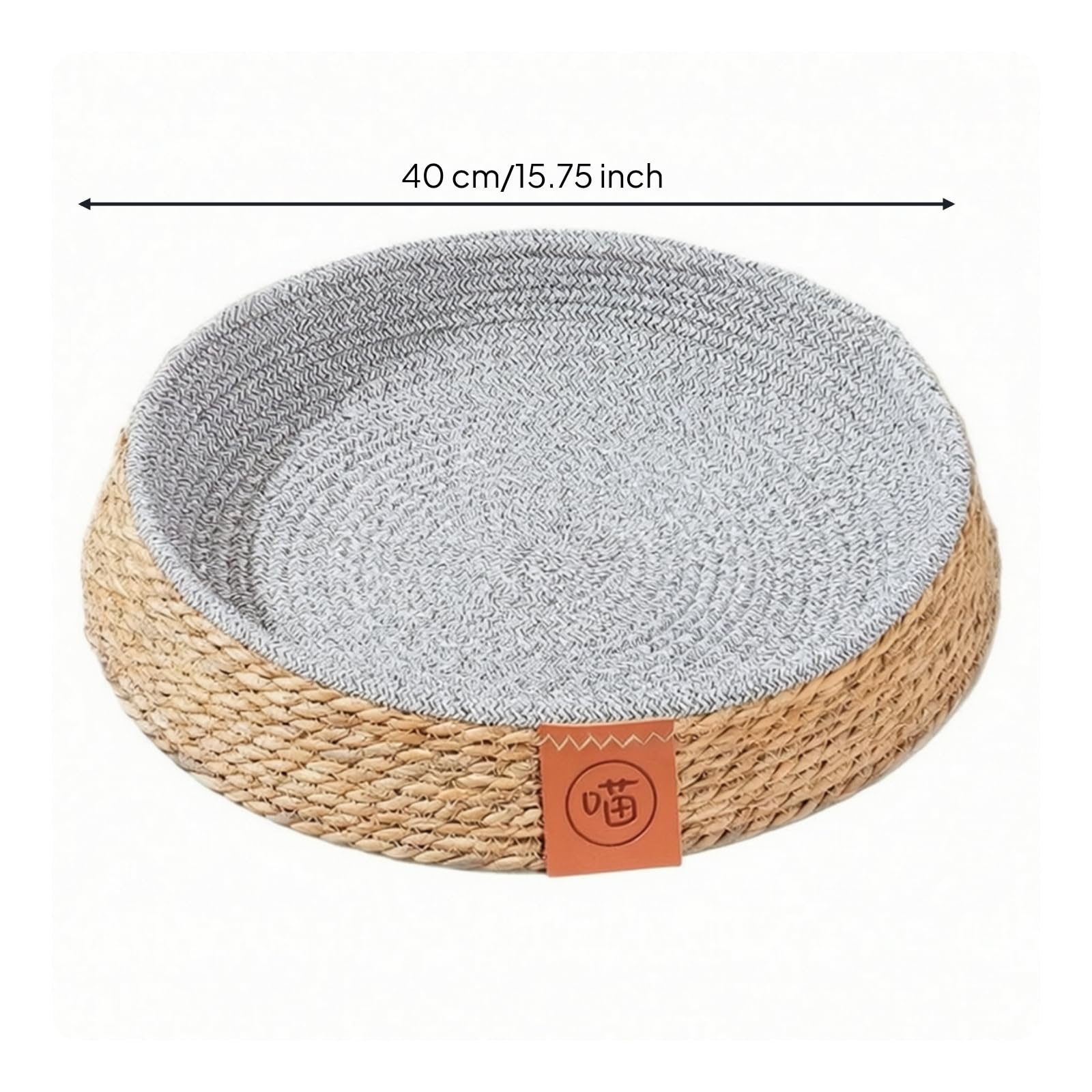 Colcolo Cuccia per Animali Domestici Letto Tondo Cestino Basso Nido Accogliente con Bordo Contenitivo E Etichetta Frontale Decorativa in Giunco E Cotone Adatta a Soggiorno, 40 Cm