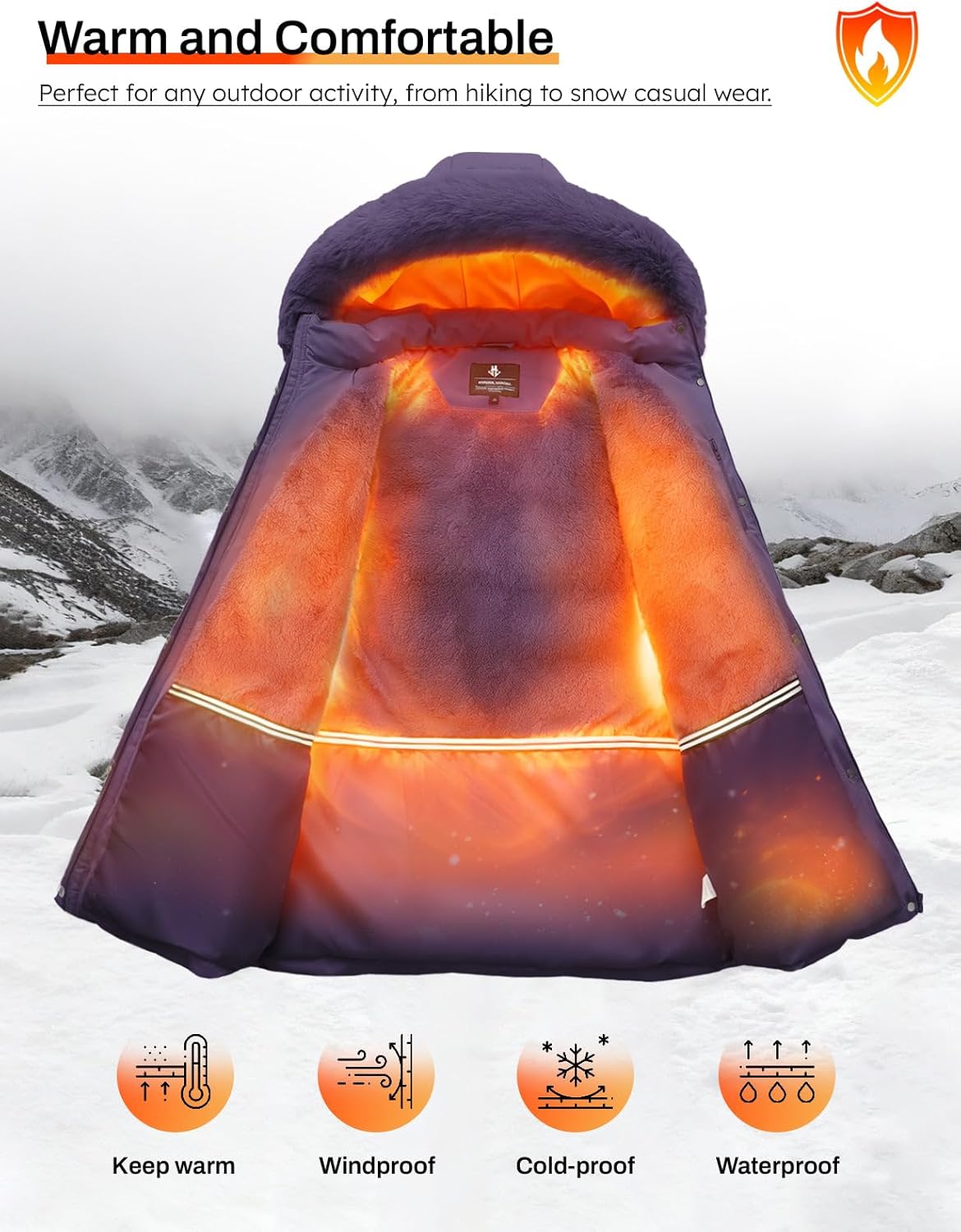 ASPO Women's Winter Warm Coats Waterproof Thick Fleece Lined Down Puffer Jacket 5 Pockets Long Parka Faux Fur Detachable Hood - Image 3