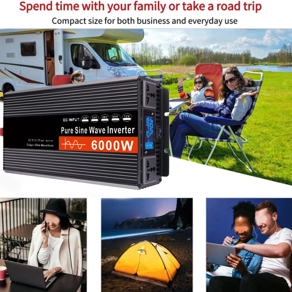 Inverter 24V A 230V, Inverter A Onda Pura da 6000W Dc 12V-72V A AC 110V/230V, Caricatore Solare per Auto con 2 Prese per Camper, Camion, Barca, Campeggio E Casa