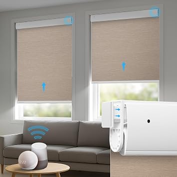 Motorized Blinds with Remote,No Drill Blackout Roller Shades,Easy to Install,Cordless Electric Blinds for Indoor Windows, Grasscloth Fabric,Work with Alexa/Google,Dark Beige,34" W x 72" H