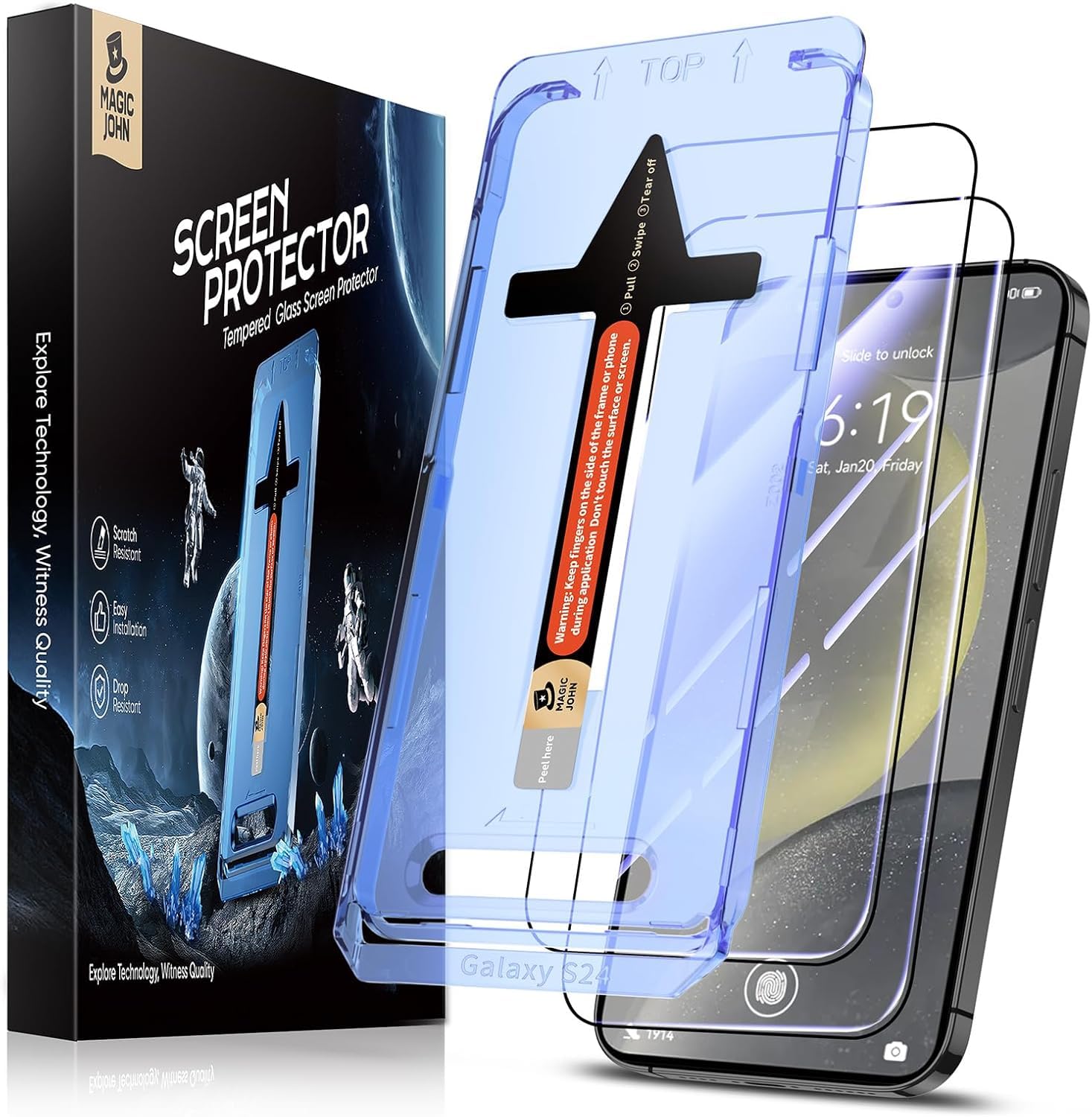 MAGIC JOHN 2 Pack for Samsung Galaxy S24 Tempered Glass Screen Protector, Auto Dust-Elimination Installation, Bubble Free, HD Clear, Easy Installation