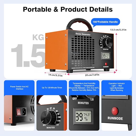Ozone Generator Odor Eliminator Machine - 2-In-1 Air Ionizer Purifier 160,000mg/H High Capacity O3 Deodorizer With Temp/Humidity Display, Ozonator For Home, Car, House, Hotel, Kitchen, Pet Areas