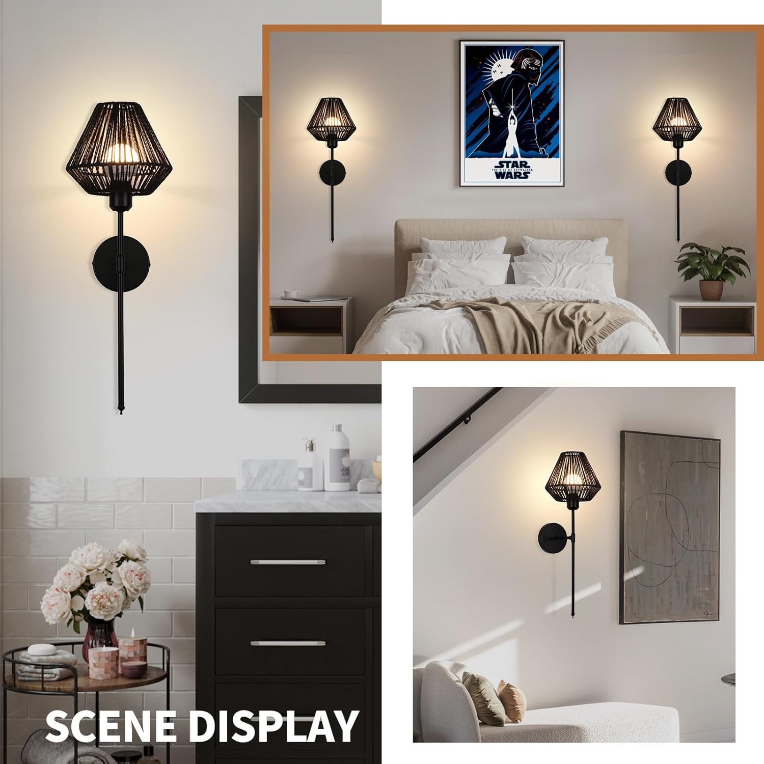 Battery Operated Wall Sconces Set of 2,Rattan Rechargeable Wall Light Dimmable with Remote Control,15 Color Changing and Timer,Boho Wireless Black Wall Lamps for Bedroom,Living Room