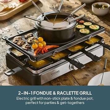 Cooks Professional Electric Raclette Grill & Fondue Set 1400w with Non-Stick Metal Grill Plate, 1L Pot, Mini Pans, Wooden Spatulas, Forks & Adjustable Thermostat for Parties & Group Dining | 8 Person