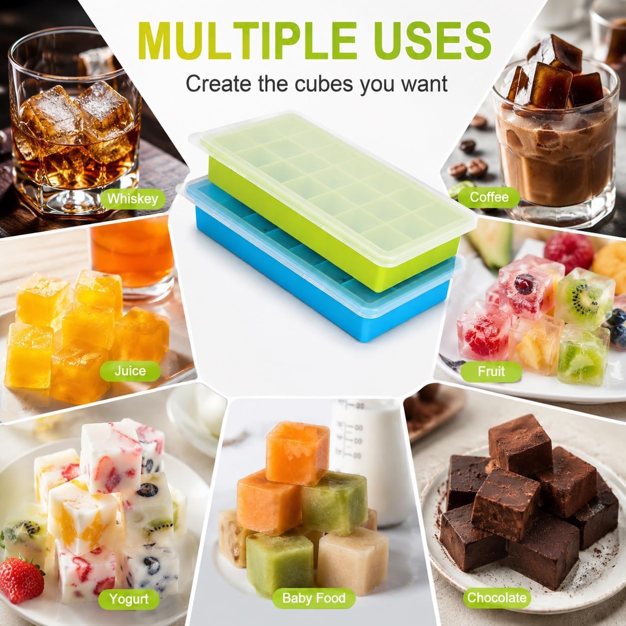 2 Pack Ice Cube Trays with Lids, Premium Food-Grade Silicone Freezer Molds, Easy Release Flexible 24-Cube Trays, BPA Free, Stackable with Removable Covers for Cocktail, Whiskey, Coffee, Green&Blue