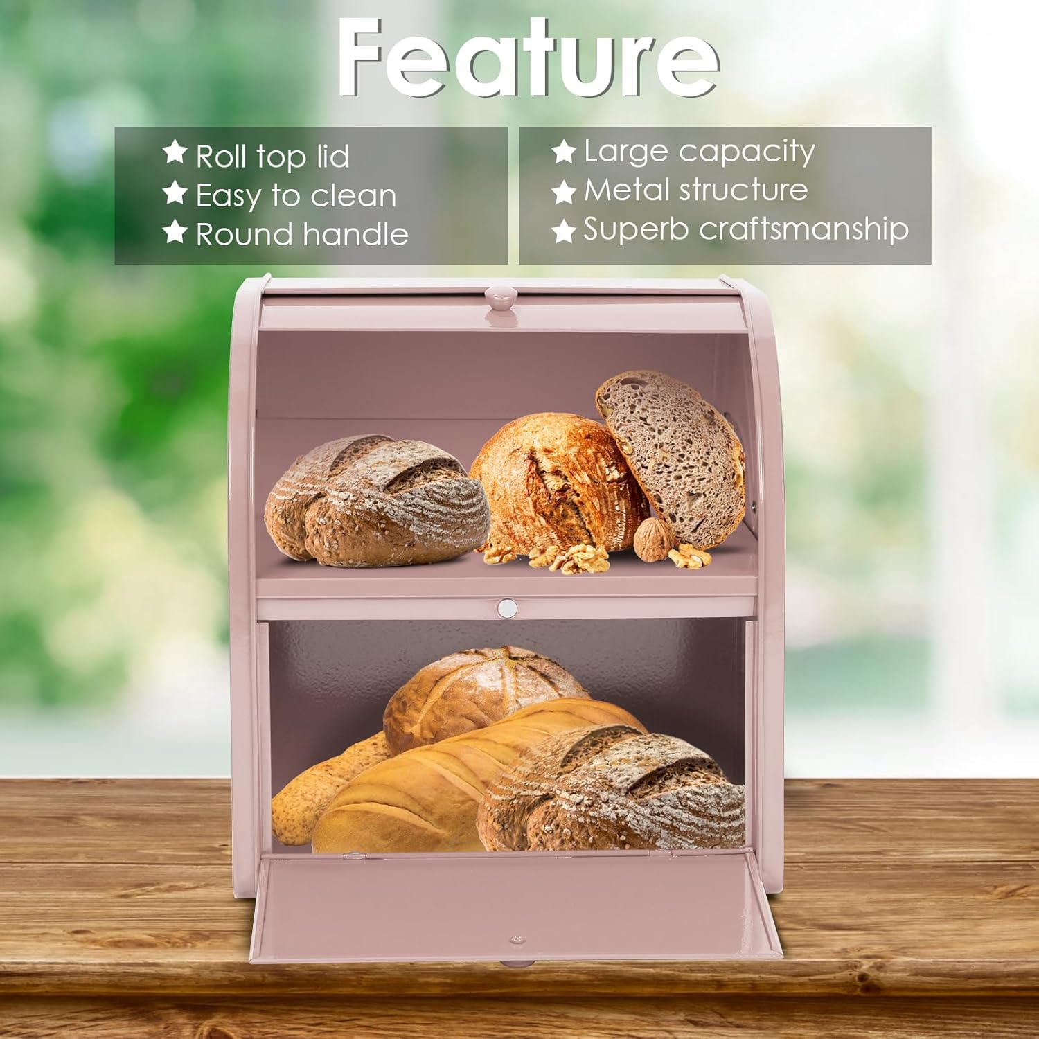 Bread Box, Metal Bread Box For Kitchen Countertop, Bread Storage Container Holds 2 Loaves Of Bread, High Capacity Breadbox, Bread Holder Suit Farmhouse Kitchen Decor For Counter (Pink)