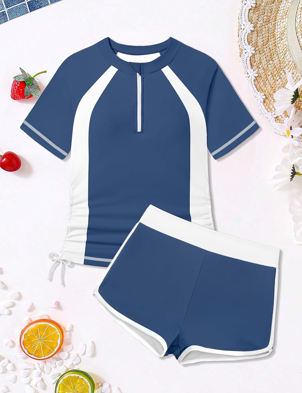 Girls Swimsuit Rash Guard 2 Piece Bathing Suit for Girls Short Sleeve Color Block UPF 50+ Zip Pad Swimwear with Shorts