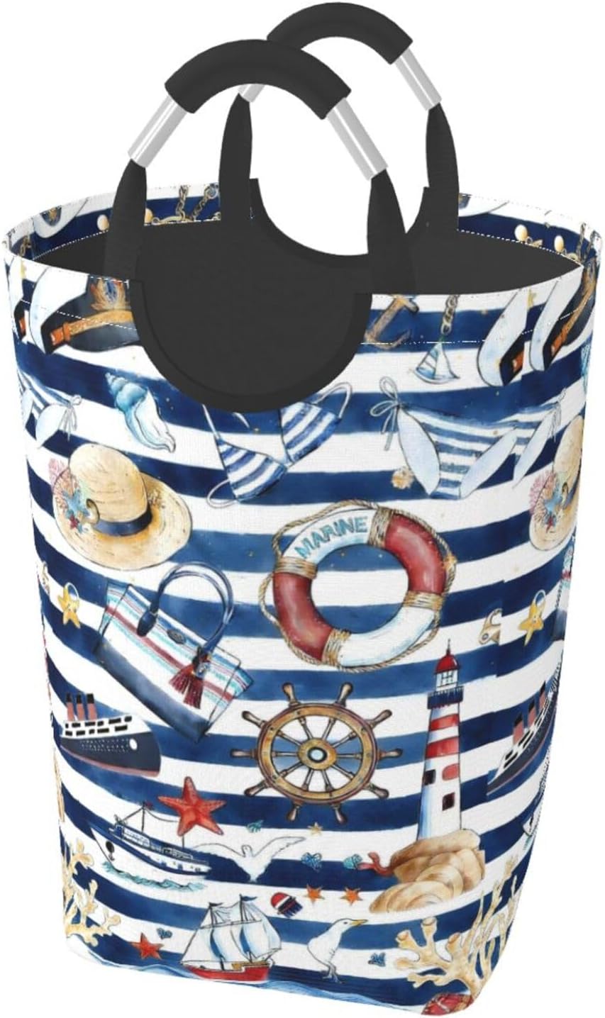 Nautical Summer Vibes Foldable Dirty Laundry Bag, Waterproof Oxford Fabric With Pe Board Base, 50l Capacity For Home & Travel