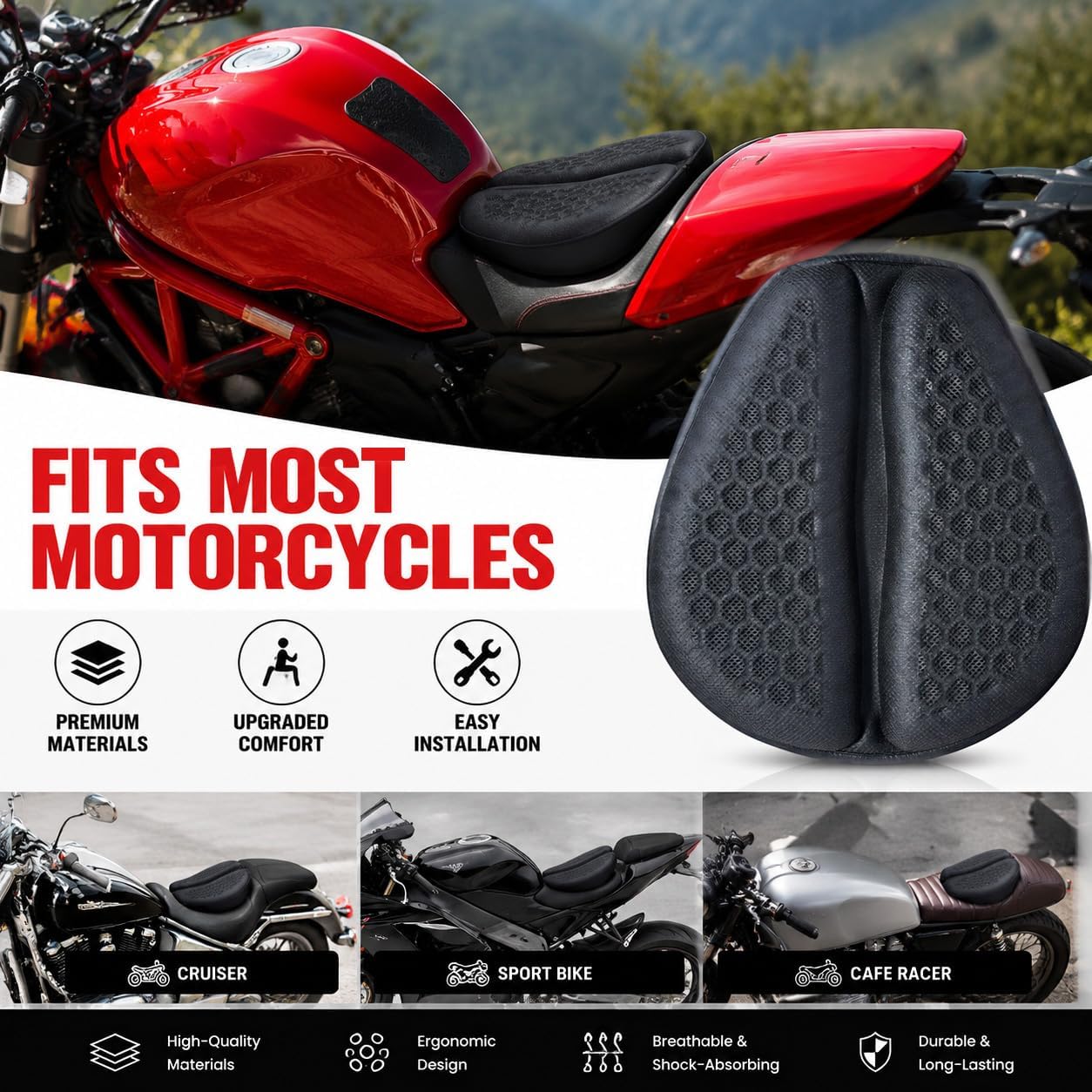 Motorcycle Seat Cushion, 3D‑Honeycomb Petal Ergonomic Gel Seat Cushion