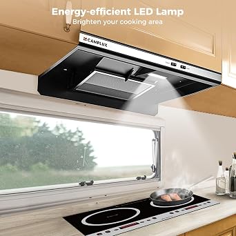 CAMPLUX RV Range Hood 22 Inches, 12V DC Range Hood, Ultra Quiet, Powerful Suction, Ideal for RV Travel, Mobile Homes, Yachts, or Small Apartments