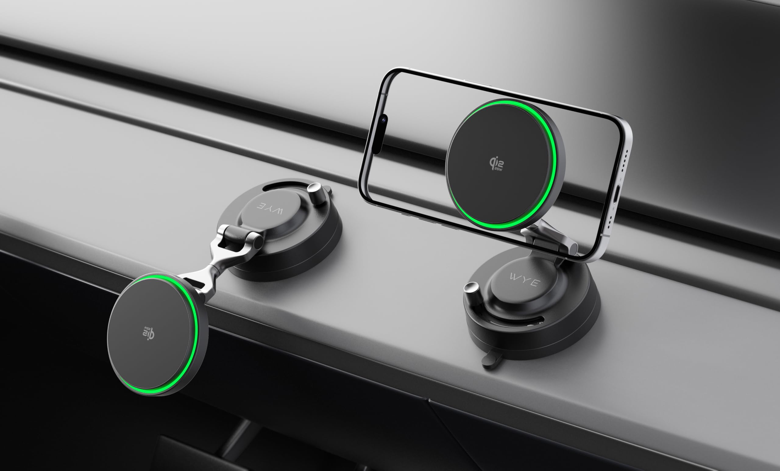 WYE Caricabatterie magnetico wireless da auto da 25 W con ricarica rapida Q12.2-MPP, supporto da cruscotto e ricarica USB-C, per iPhone da 12 a 17, nero