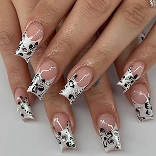 Press on Nails Square Shaped Glossy Full Cover Acrylic Medium Length Square False Nails with Designs Artificial Fake Nails with Charms Glue ons Fingernails for Women Girls(ZF46)