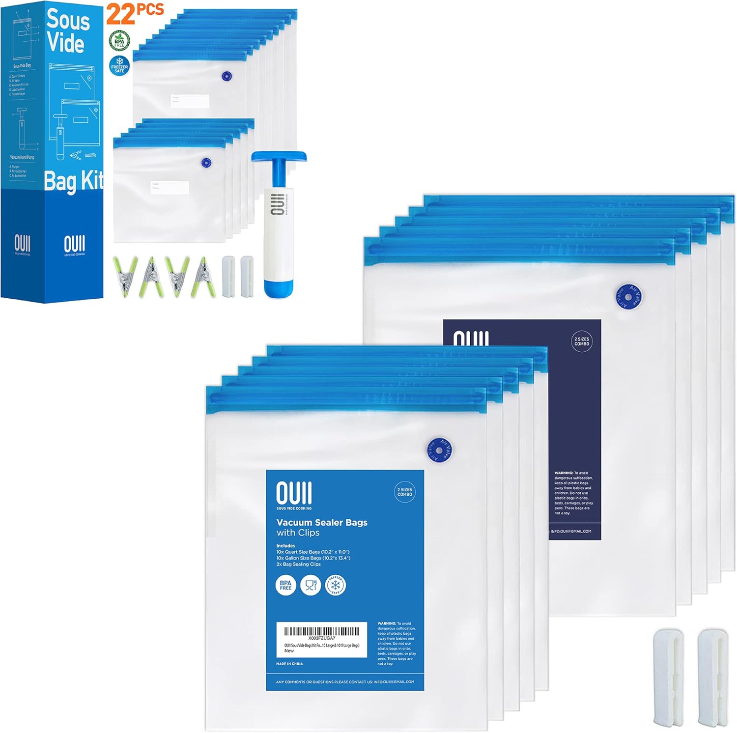 Sous Vide Bags Kit Bundle - 44 Reusable BPA-Free Sous Vide Bags with Vacuum Hand Pump in Various Sizes