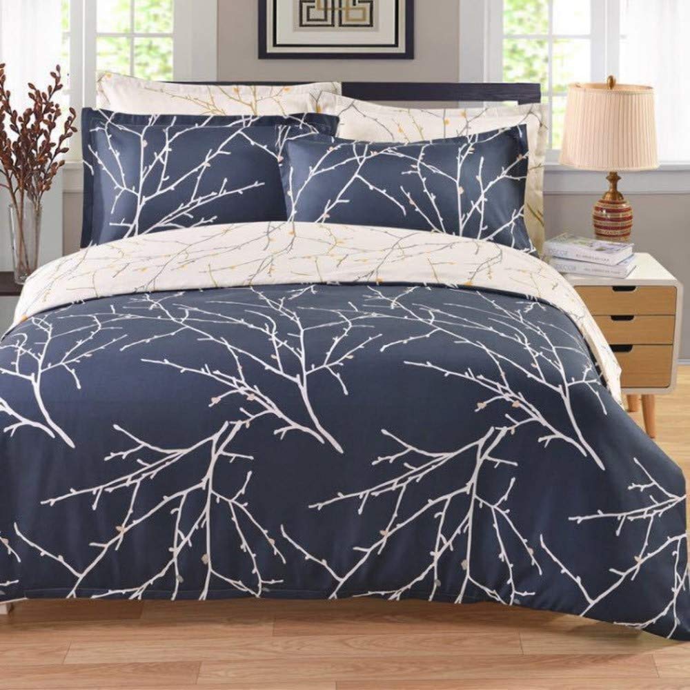 Loussiesd Tree Branch Bedding Branches and Plum Blue Printed Pattern Quvet Cover King 3 Pieces Bedspread Cover Reversible Ultra Soft Girls Comforter Cover for Women Decorative Bedclothes Zipper
