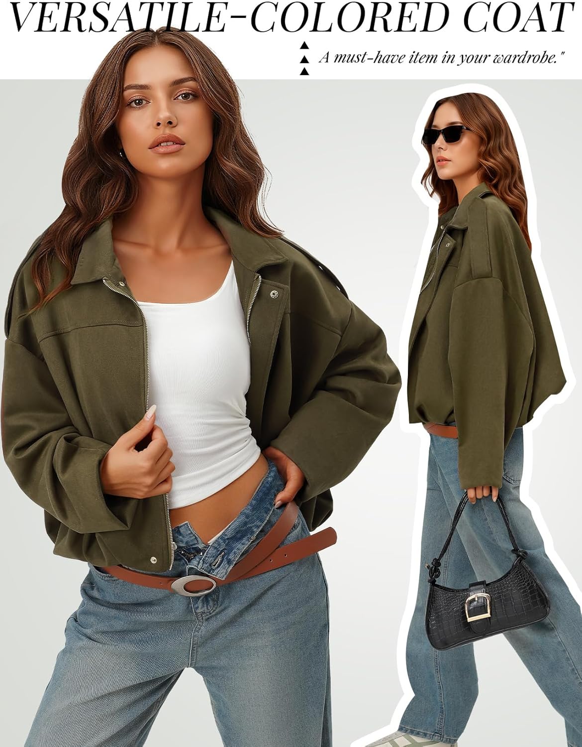 LEACOOLKEY Women's Faux Suede Bomber Jacket Casual Pilot Coat Oversized Spring Fall Batwing Long Sleeve Streetwear Outwear - Image 6