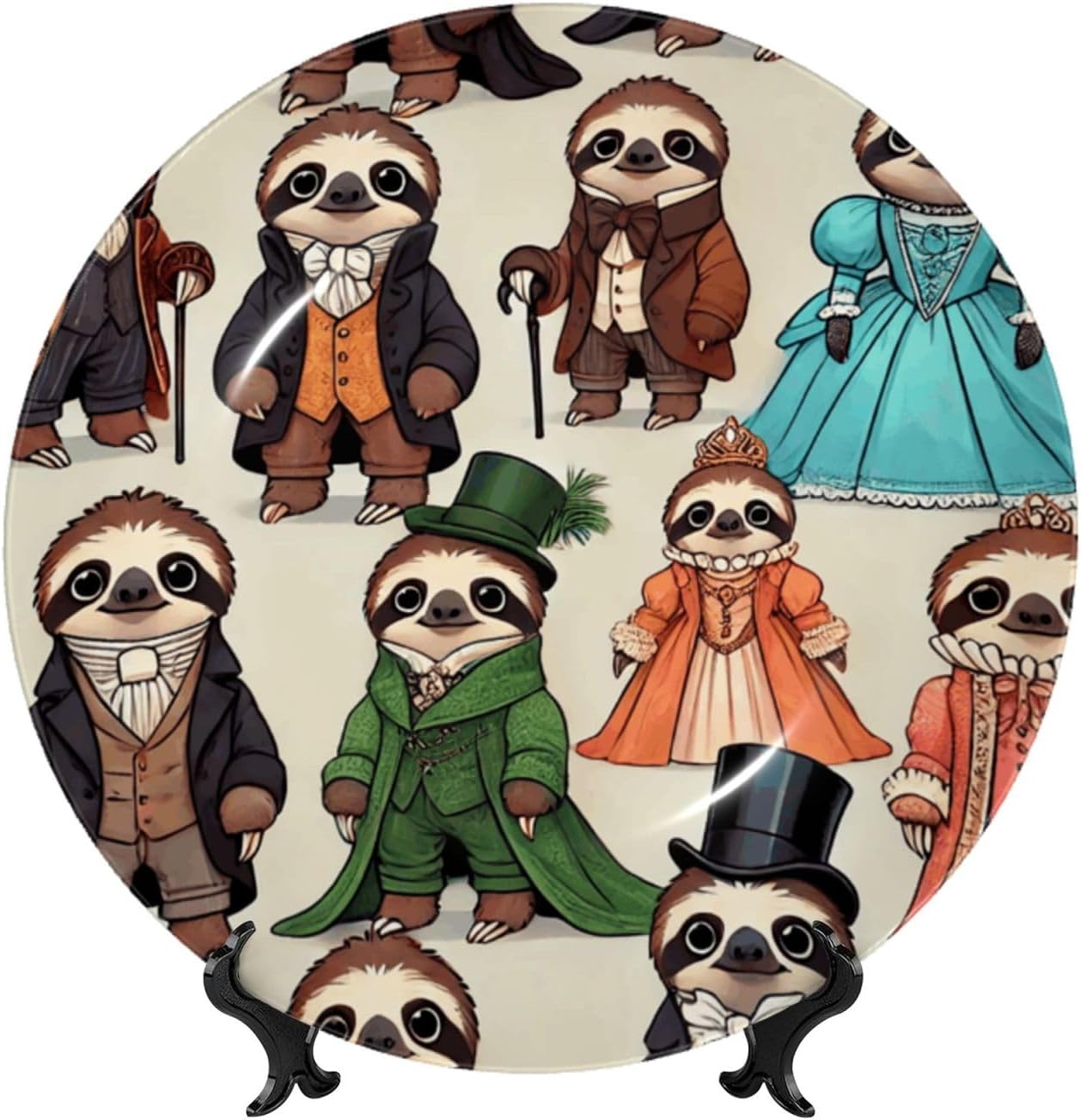 Victorian-Era Sloths 10 Inch Decorative Plate With Stand, Elegant Display Wall Plate For Home Decor