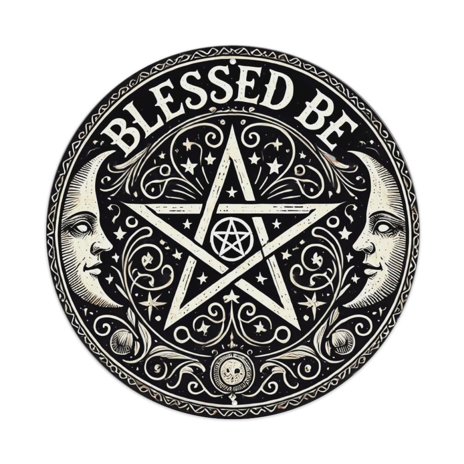 Blessed Be Pentagram Moon Design Vintage Metal Tin Sign Retro Wall Decor for Home Bar Garage Cafe, Indoor & Outdoor Decorative，circle Metal Poster, 8x8 Inch