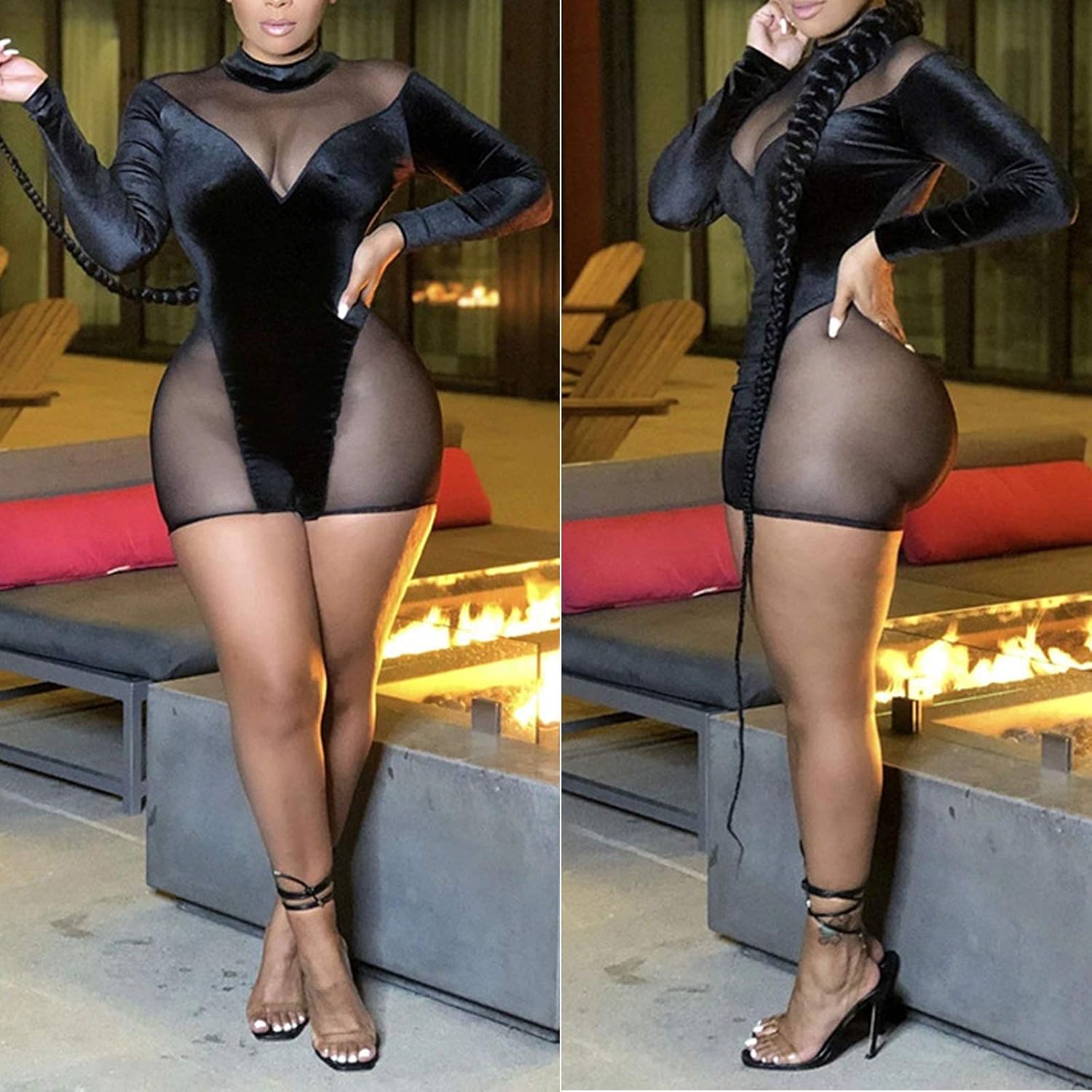 Uni Clau Women Sexy See Through Long Sleeve Short Jumpsuits Sheer Mesh Patchwork Skinny Pants Club Rompers - Image 4