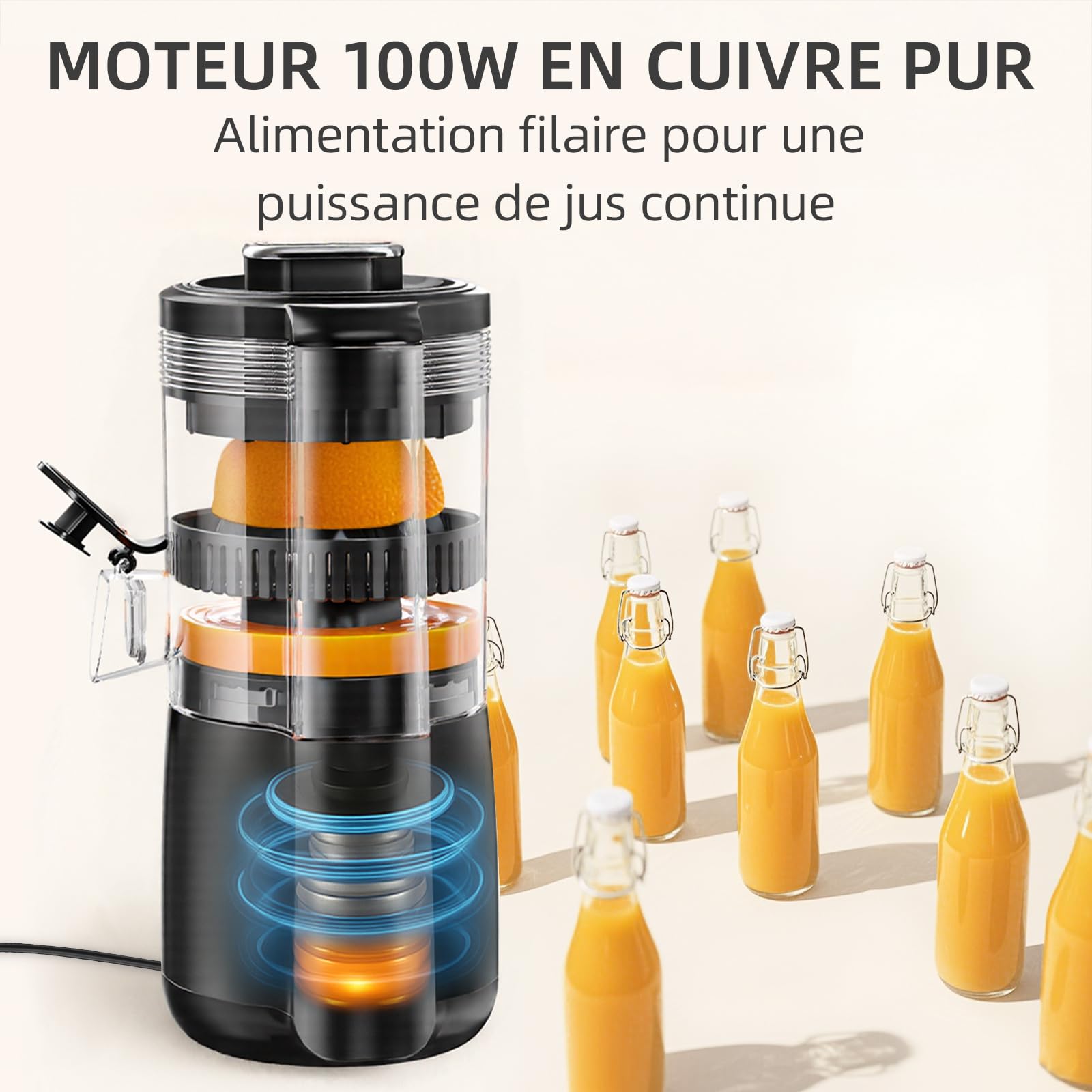 Presse Agrume Electrique 100W Puissant – Extracteur de Jus Professionnel pour Oranges, Citrons, Grenades – Haut Rendement, Anti-Gouttes, Facile à Nettoyer