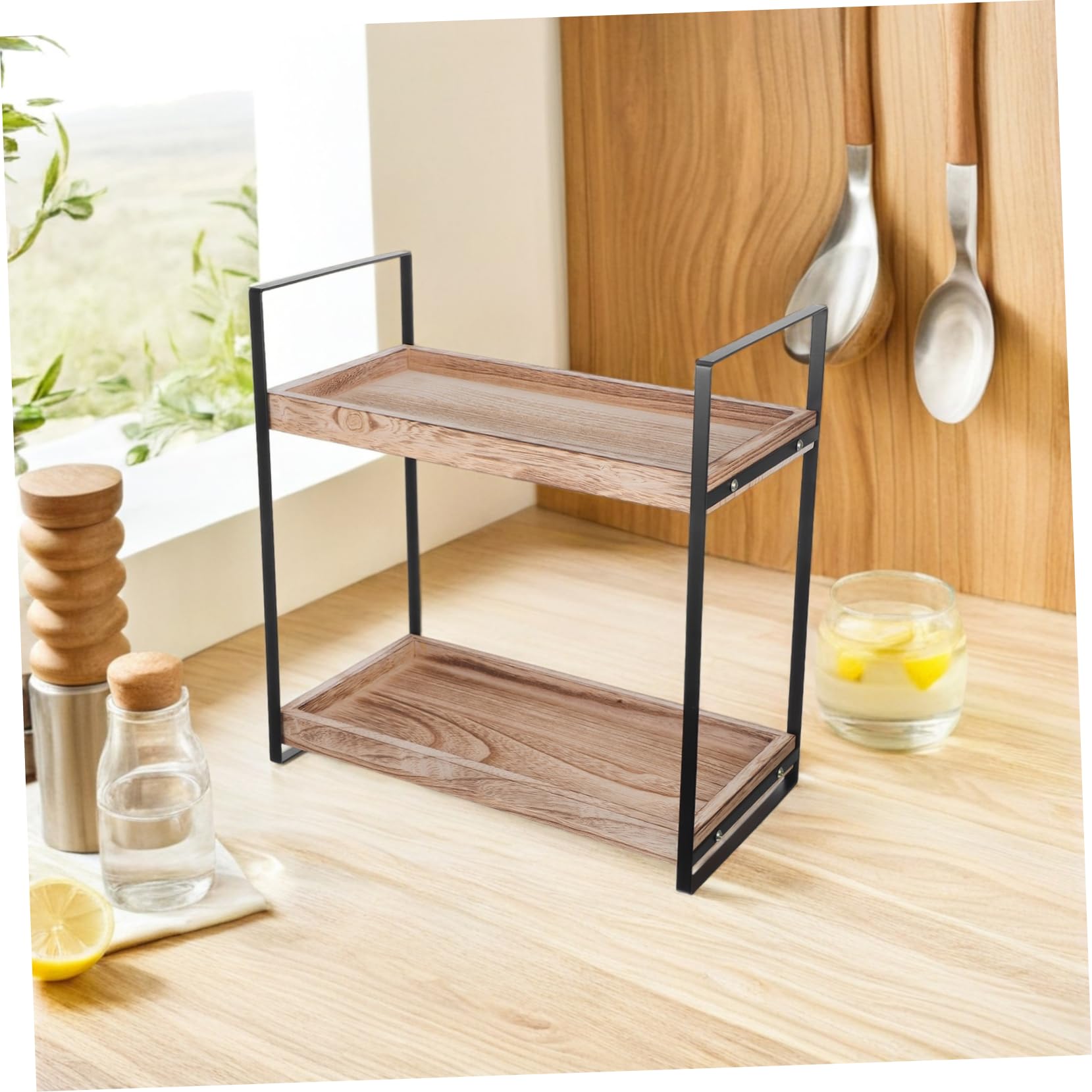 OUNONA 2-stöckiger Holzorganizer mit Metall, Großer Aufbewahrungsständer | Küchenarbeitsplatte und Hotels, Glatte Oberfläche, Robust Gebaut, Einfache Form