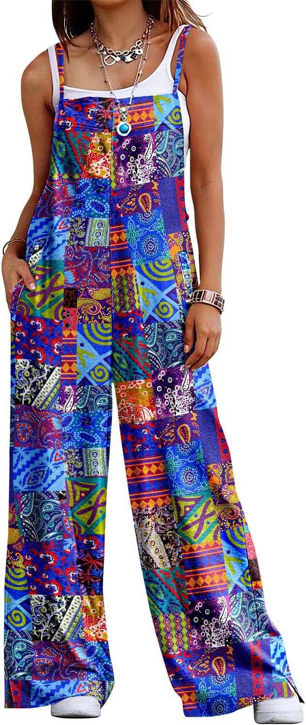 YESNO Women's Summer Boho Casual Loose Sleeveless Jumpsuits Flowy Wide Leg Overalls Floral Baggy Rompers with Pockets PZY