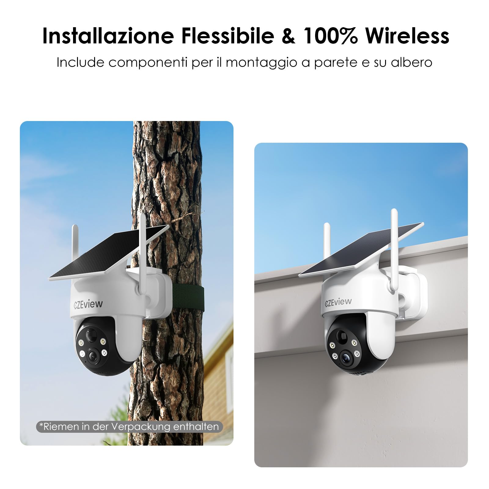 CZEview 4K UHD Telecamera Wi-Fi Esterno Solare Senza Fili a Batteria, 360° PTZ, Videocamera Sorveglianza con Pannello Solare, Rilevazione di Movimento PIR con Allarme, IP65 (4K 8MP)