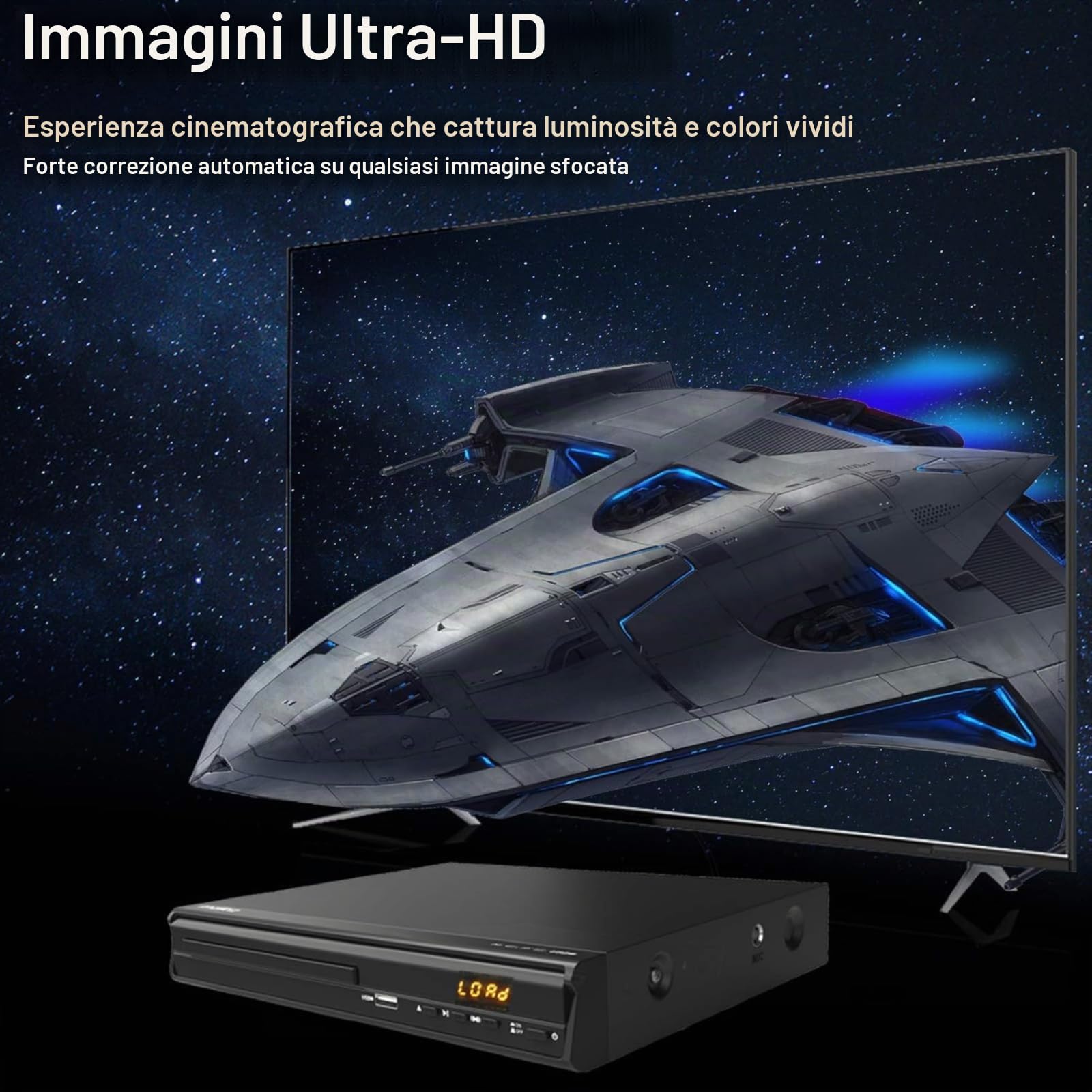 Lettore DVD HDMI 1080P, Lettore DVD Multiregione per TV, Connessioni HDMI/AV/Ingresso USB/Ingresso Microfono, Sistema NTSC/PAL, Telecomando, Compatibilità con Tutte le Regioni
