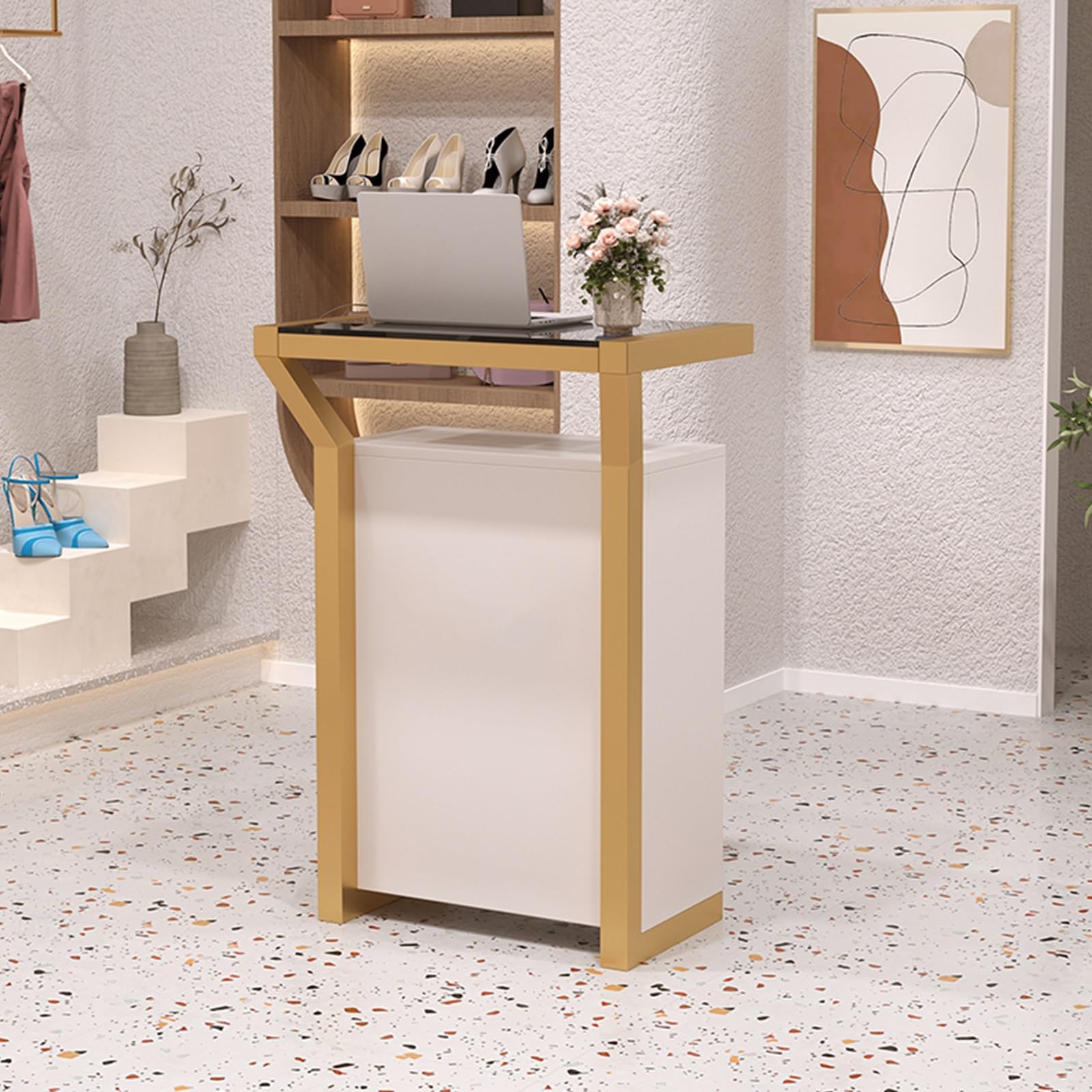 Generico Banco Reception Moderno, Piccolo bancone Cassa per Negozi, uffici e Punti Vendita, Elegante Mobile Reception autoportante (A-Senza cassetto, 70 * 45 * 100 cm/27 * 17*