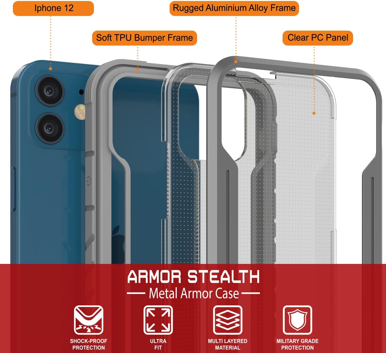 Punkcase Designed for iPhone 12 [Armor Stealth Series] Ultra Thin & Protective Military Grade Cover W/Aluminum Frame [Clear Back] Ultimate Drop Protection for iPhone 12 (6.1") (2020) (Grey)