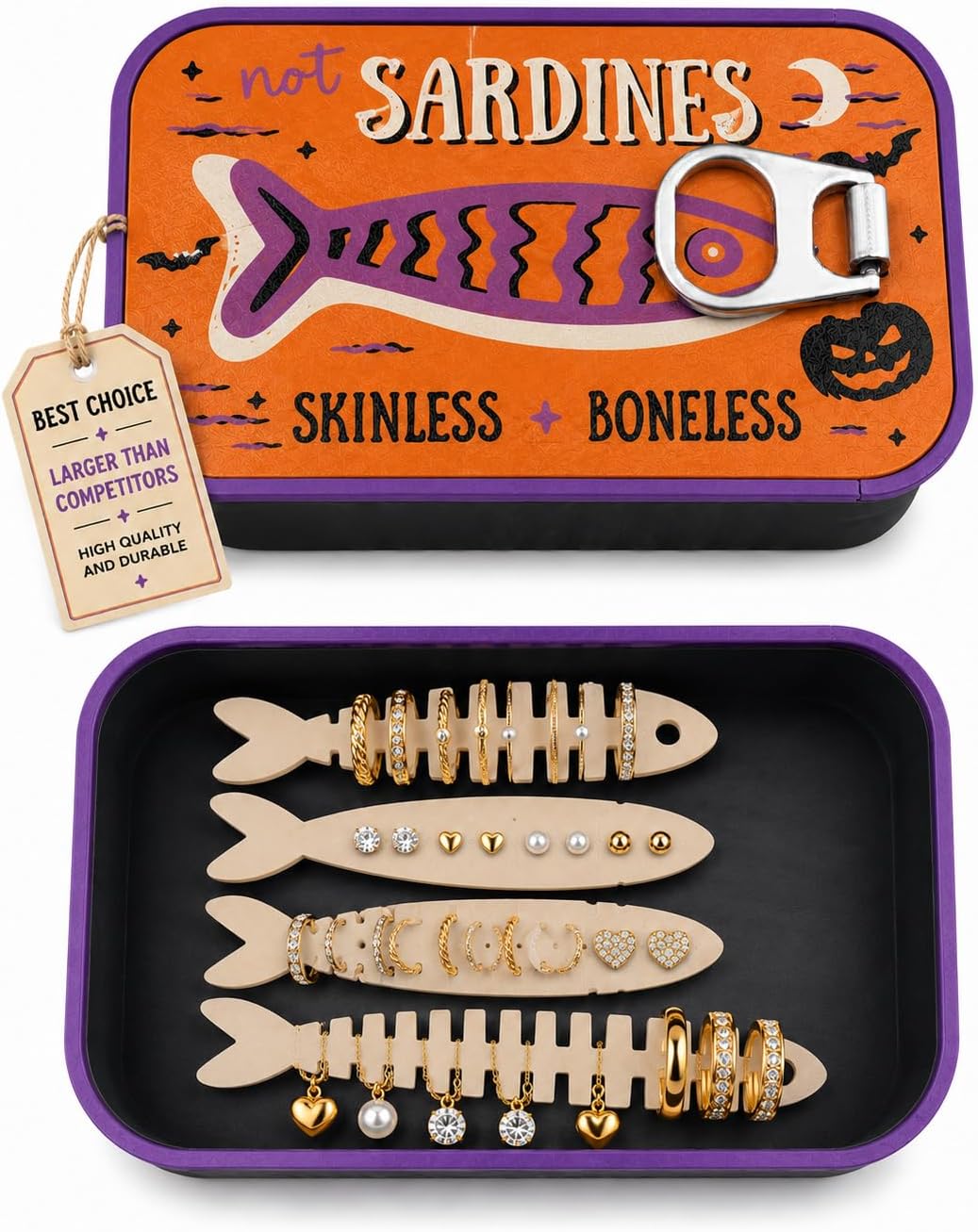 XL Halloween Black Sardine Jewelry Box Organizer, Cute Fish Tin Keepsake Box with Fish-Shaped Holders for Rings, Earrings & Charms, Large Decorative Storage Gift for Women, Teens & Kids