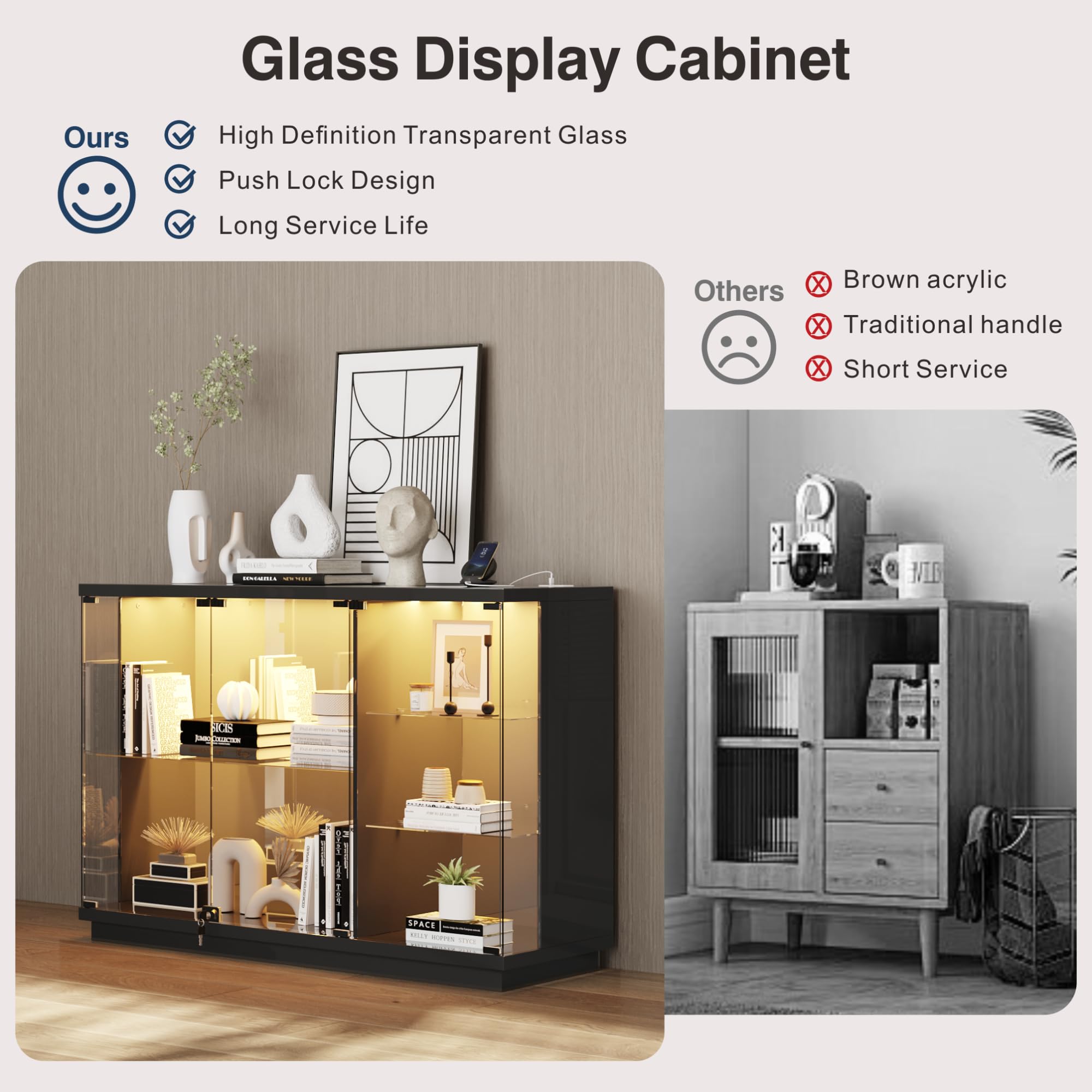 Lvifur Glasvitrine LED Beleuchtung und Glastüren,Glas Vitrinenschrank,Display Cabinet mit Intelligente Sensorik,3-Lagen Holz Vitrine Staubdicht für Wohnzimmer Schlafzimmer Büro,Schwarz