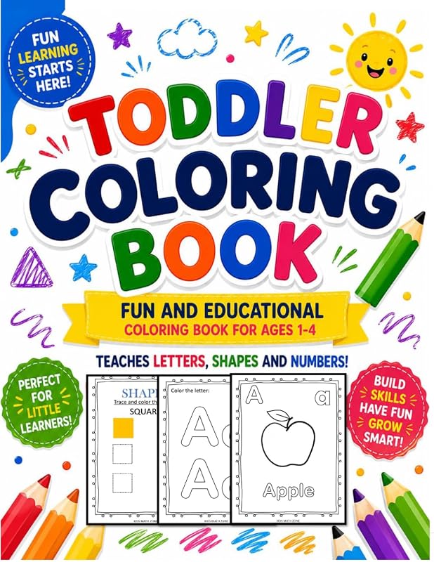 Toddler Coloring Book: Fun and Educational Coloring book for ages 1-4. Teaches Letters, shapes and Numbers.
