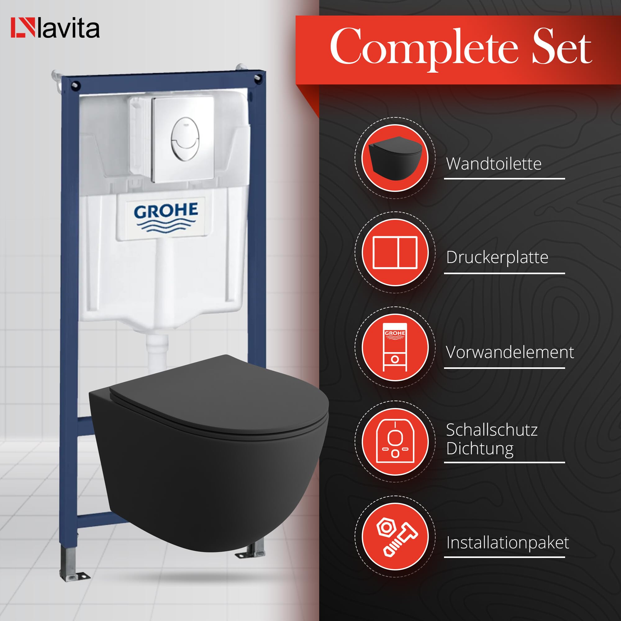 GROHE Vorwandelement Sinto Start + Wand Hänge WC Salto Schwarz Spülrandlos + + WC Sitz mit Absenkautomatik Verchromter Knopf Komplettset Unterputz Spülkasten Toilette Komplett Sett WC