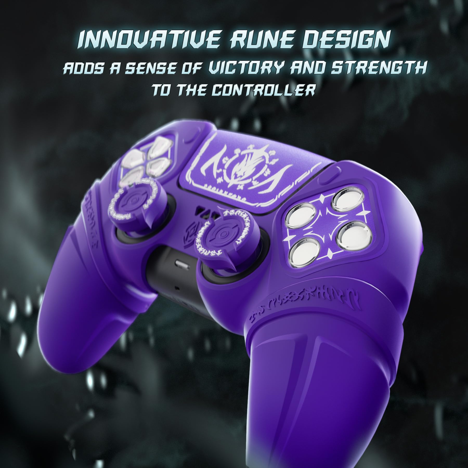 playvital Cover Skin per ps5 Controller,Custodia Protettiva Silicone Antiscivolo per ps5 Joystick&Copri Levette Analogiche&Adesivo Touchpad(Runes)-Compatibile con Base di Ricarica-Viola