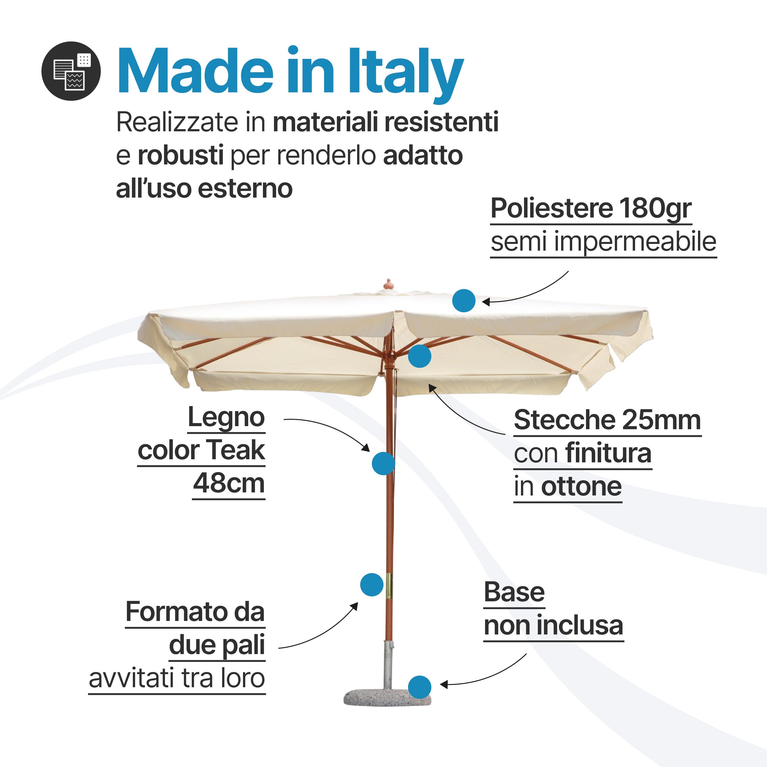 Tomaino - Ombrellone Da Giardino 3x3 cm Quadrato In Legno - Ombrellone da Esterno con Apertura a Carrucola - Telo Antivento in Poliestere Resistente Resinato 180gr