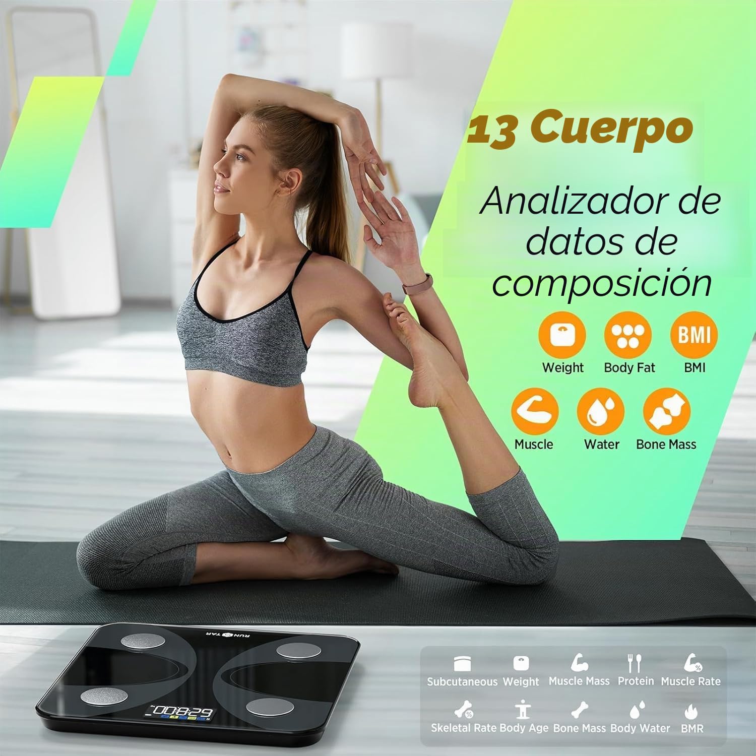 Runstar Báscula de Baño Digital Inteligente con App - Análisis de 13 Composición Corporal (Grasa, Músculo, IMC, Agua) y Alta Precisión hasta 180kg para Hombres y Mujeres