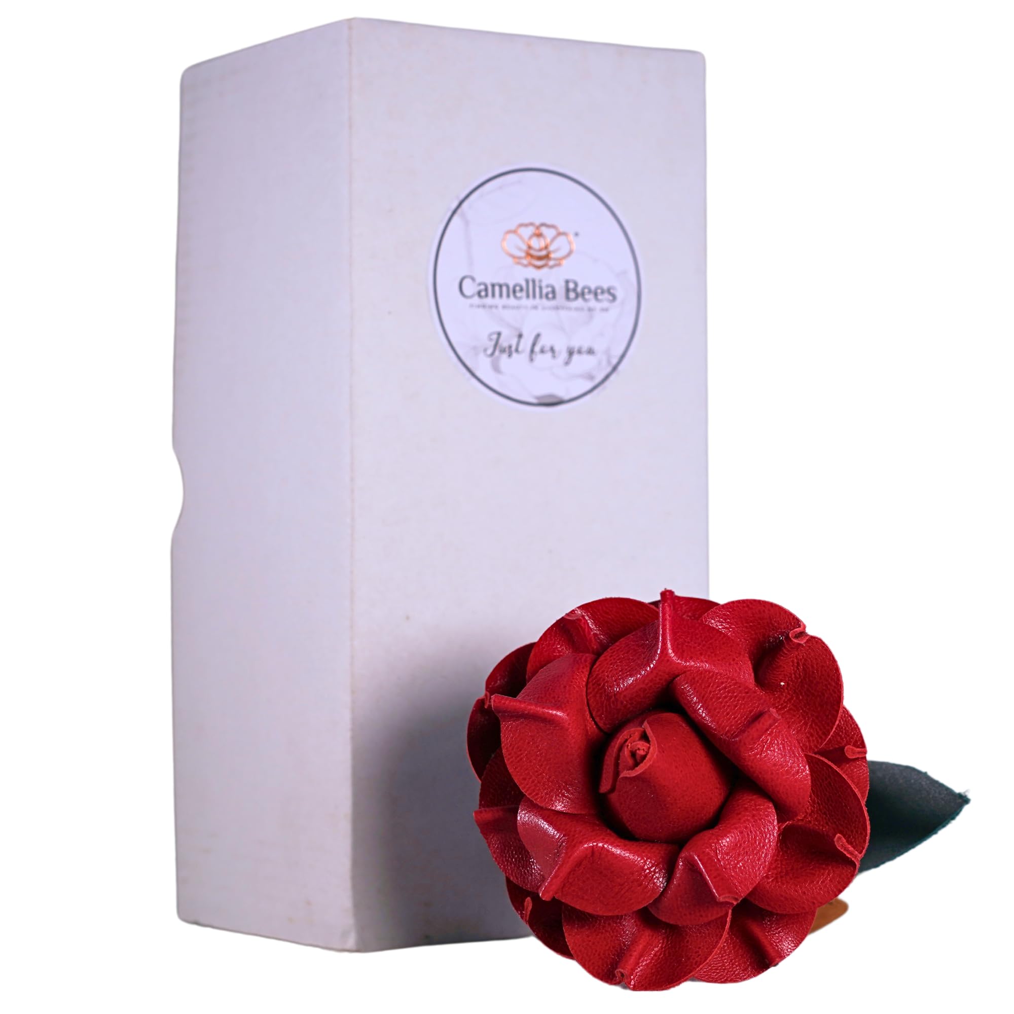 Camellia Bees Red Leather, Leather Rose 3Rd Wedding For Wife Husband Couple (Red)